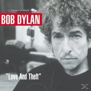 Bob Dylan Albumcover, Schwarzweiß-Nahporträt. Text: Love and Theft.