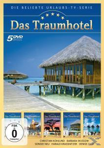 DVD-Cover von 'Das Traumhotel' mit einer Hütte auf Stelzen über Wasser. Andere Cover unten, Text oben.