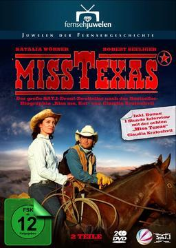 DVD-Cover: Miss Texas. Zwei Personen auf Pferd, Cowboyhüte und Text auf dem Filmcover.