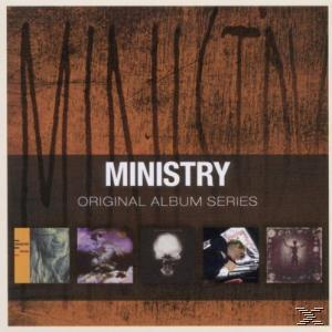 Albumcover für Ministry. Brauner Hintergrund mit Bandnamen und mehreren Bildern.