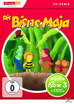 DVD-Cover für Die Biene Maja. Zeigt Zeichentrickfiguren in einer grünen Umgebung.