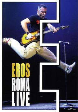 Live-Albumcover. Mann spielt Gitarre, springt. Text: Eros, Roma und Live. Weiß und Schwarz.