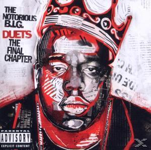 Albumcover von The Notorious B.I.G. Duets. Ein stilisiertes Porträt des Rappers mit Krone, in Rot, Weiß und Schwarz.