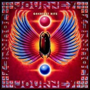Journey Albumcover: Flügel mit Rot und Blau, insektenartiger Körper, rosa und blaue Kugeln, roter Hintergrund.