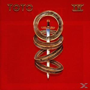 Albumcover mit Schwert durch Ringe. Roter Hintergrund. Titel: Toto IV. Gold-, Silber- und Rot-Farbschema.