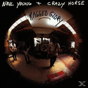 Albumcover, Neil Young und Crazy Horse, eine Band spielt in einem Raum, Fischaugenlinse.