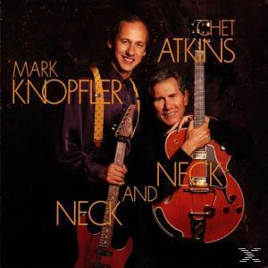 Album borító Mark Knopflerrel és Chet Atkins-szel, gitárokkal, szöveg: 'Neck and Neck'.