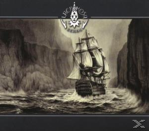 Schiff auf rauer See, dunkler Hintergrund, Lachrymosa Records Logo.