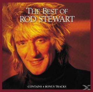 The Best of Rod Stewart Albumcover. Rod Stewart mit blonden Haaren, lächelnd. Roter Hintergrund mit Text und IBM-Logo.