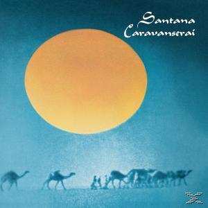 Santana Albumcover. Eine große gelbe Sonne, Kamele beim Gehen und ein blauer Himmel im Hintergrund.