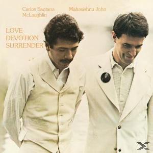 Albumcover mit zwei Männern in weißen Anzügen. Sie stehen nebeneinander. Die Worte Love Devotion Surrender sind sichtbar.