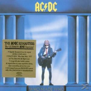 Albumcover: AC/DC Who Made Who. Ein Mann mit Gitarre steht zwischen Säulen. Text und Logo.