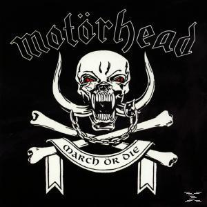 Fekete albumborító koponyával és keresztbe tett csontokkal, a Motorhead zenekar nevével. A 'March or Die' szavak is láthatók.