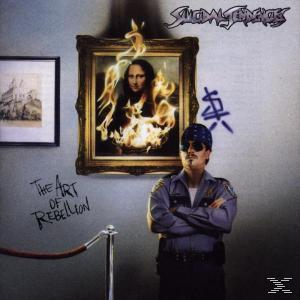 Albumcover mit einem Gemälde der brennenden Mona Lisa und einem Mann in Polizeiuniform.