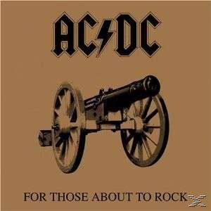 Albumcover. Kanone auf Rädern. Text: AC/DC, For Those About To Rock. Brauner Hintergrund.