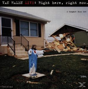 Albumcover mit einer Jesusstatue vor einem beschädigten Haus. Text: Van Halen Live.