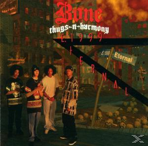 Albumcover mit Bone Thugs-n-Harmony. Gruppe steht in einer Stadt mit Graffiti. Titel: E. 1999 Eternal.