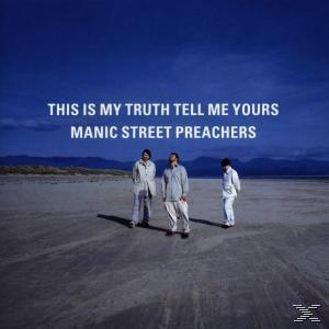Manic Street Preachers Albumcover. Drei Männer am Strand, blauer Himmel.