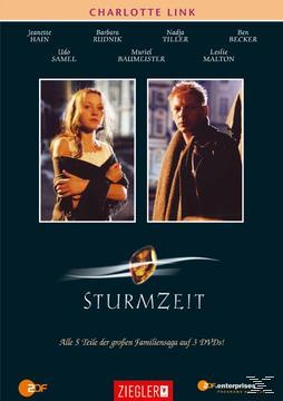 DVD-Cover für 'Sturmzeit' mit zwei Schauspielern. Darüber der Titel und die Namen der Darsteller. Dunkelblauer Hintergrund.
