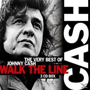 Albumcover für Johnny Cash, Walk the Line. Schwarz-Weiß-Bild von Cash mit Textüberlagerung.