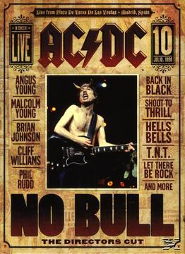 Poster für AC/DC No Bull Konzert. Bild von Angus Young beim Gitarrespielen. Braune und gelbe Farben.
