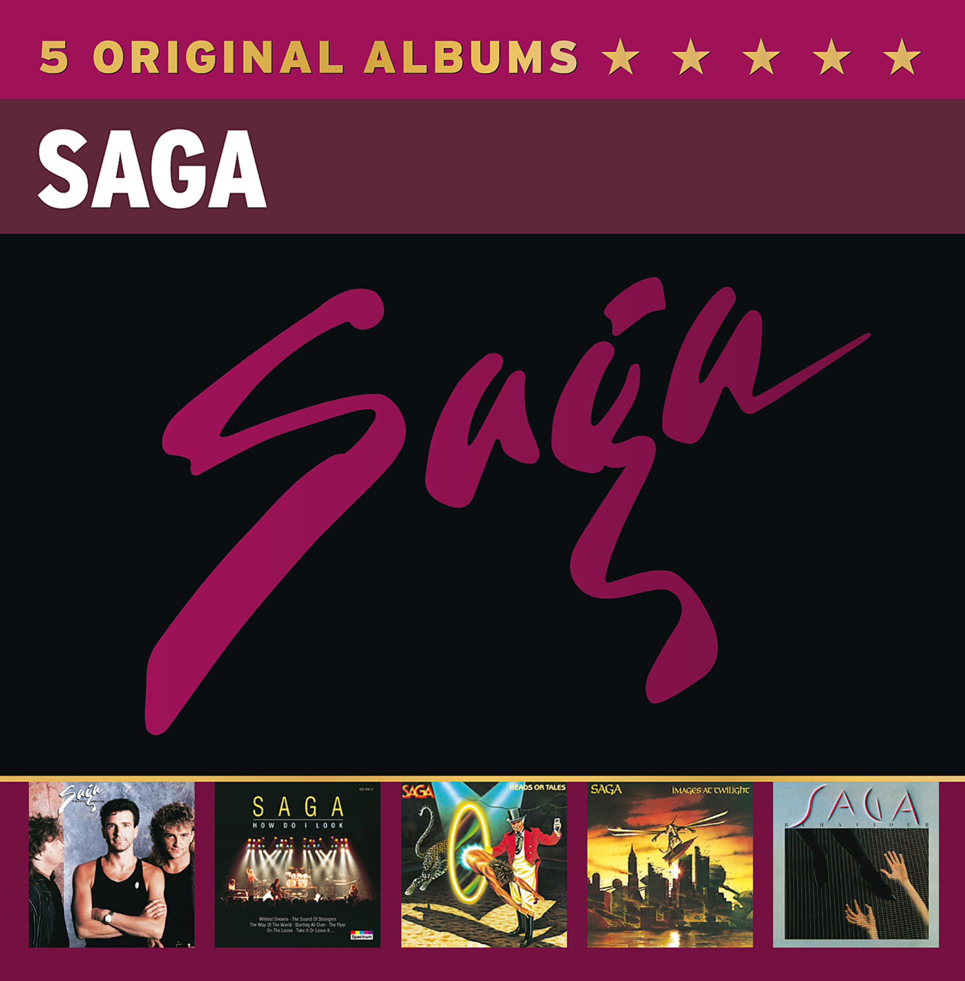 Albumcover: Saga-Logo in Magenta. 5 Albumcover darunter.