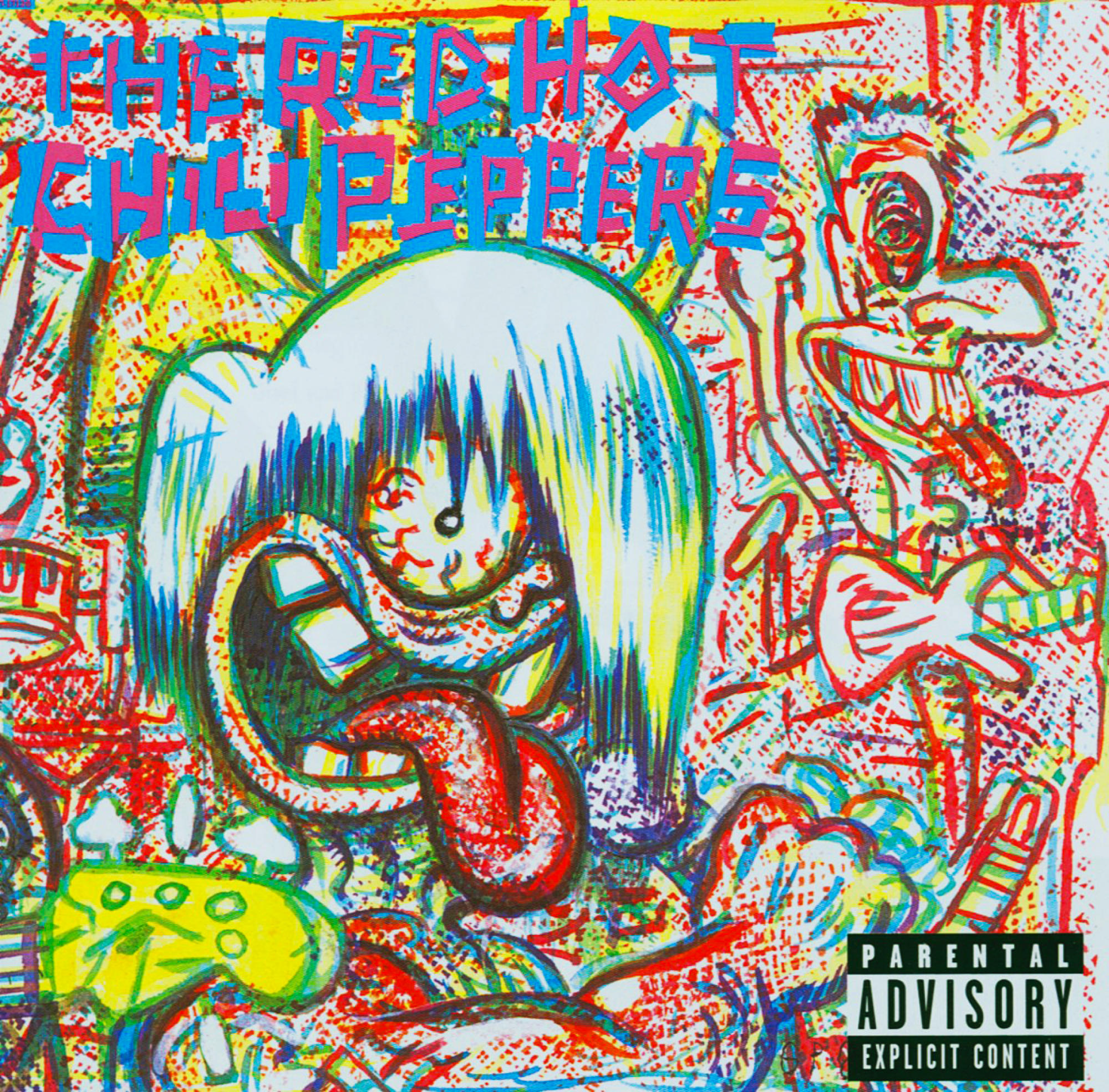 Albumcover mit cartoonartigen Kunstwerken: ein Wesen mit einer großen Zunge und einem Parental Advisory-Label.