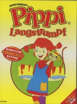 Pippi Langstrumpf Zeichentrickcover mit Pippi, die Kuchen hält und einen Affen auf der Schulter hat.