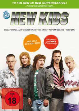 DVD-Cover von New Kids mit einer Gruppe von fünf Männern. Das Cover hat ein Comedy Central-Logo und sagt 'Der Kult aus Holland'.