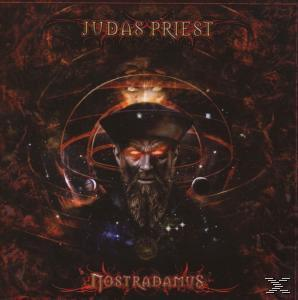 Mann mit leuchtenden Augen, trägt einen Hut. Die Worte 'Judas Priest' und 'Nostradamus' sind sichtbar.