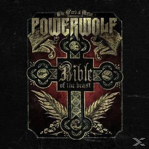 Rotes Buch mit Kreuz und Flügeln, Text: POWERWOLF Bible of the beast.