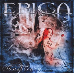 Albumcover: Epicas The Divine Conspiracy. Eine Frau mit roten Haaren hält einen Apfel. Düsteres, Fantasy-Thema.