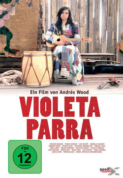 Filmposter für 'Violeta Parra' mit einer Frau, die eine Gitarre hält. Das Poster hat ein grünes 'FSK 12'-Logo.