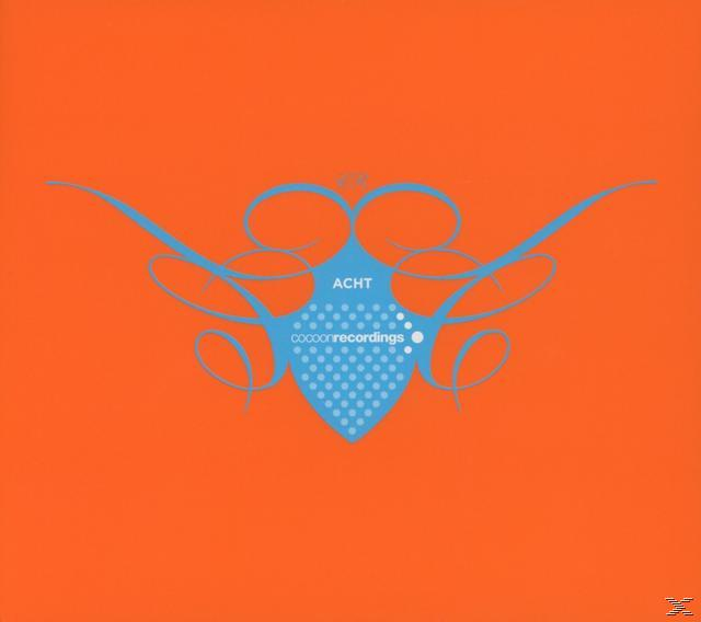 Oranger Hintergrund mit blauem, abstraktem Design, das einem Schmetterling ähnelt.