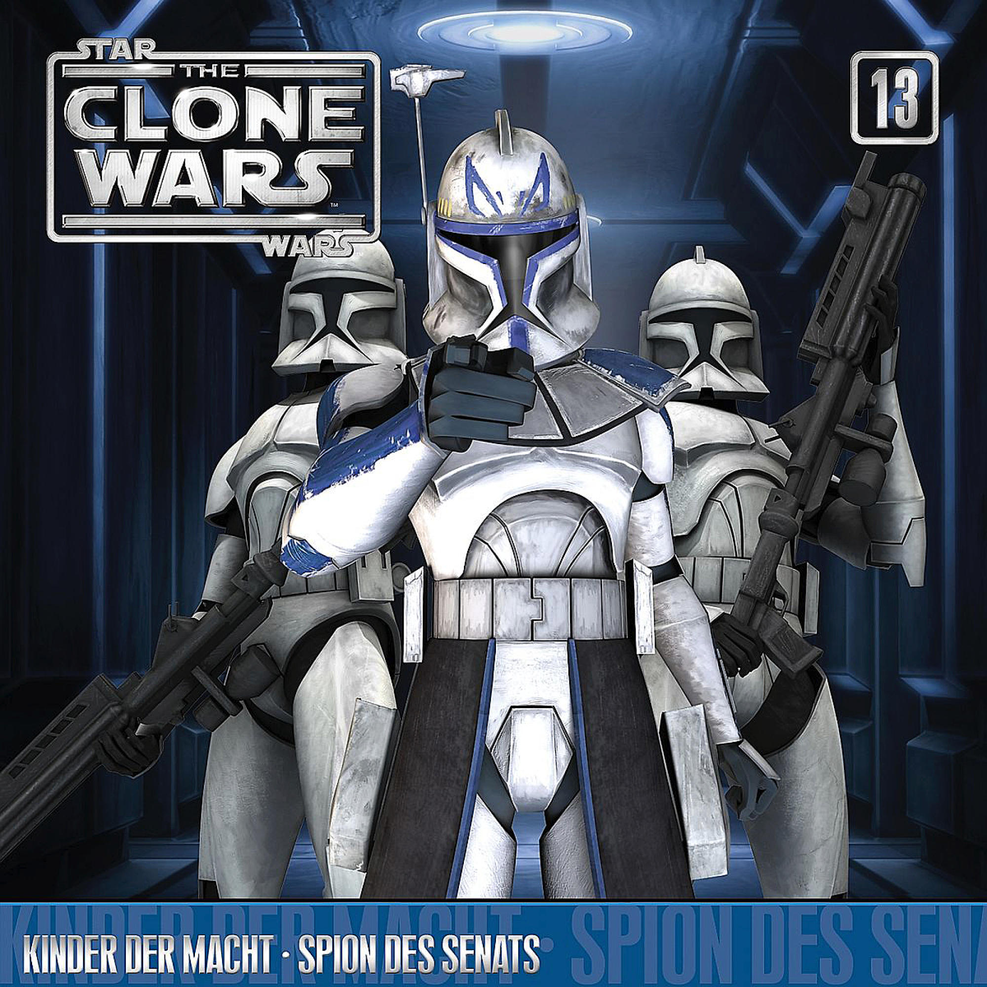 Star Wars: The Clone Wars DVD-Cover. Drei Klonkrieger mit Helmen, die Waffen halten.