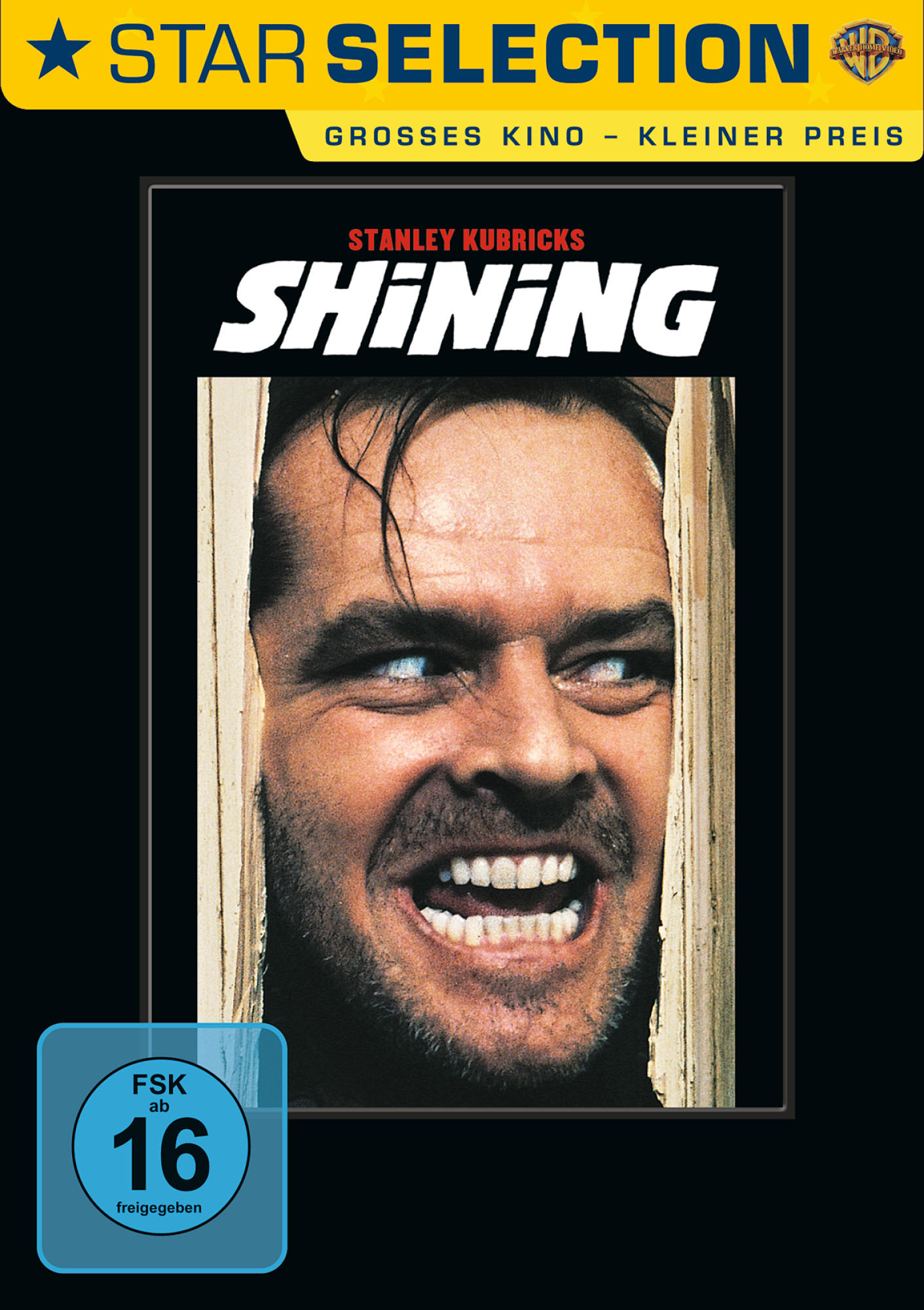 Filmposter: Jack Nicholson als Figur, blickt durch eine Tür. Text 'Shining' und Altersfreigabe.