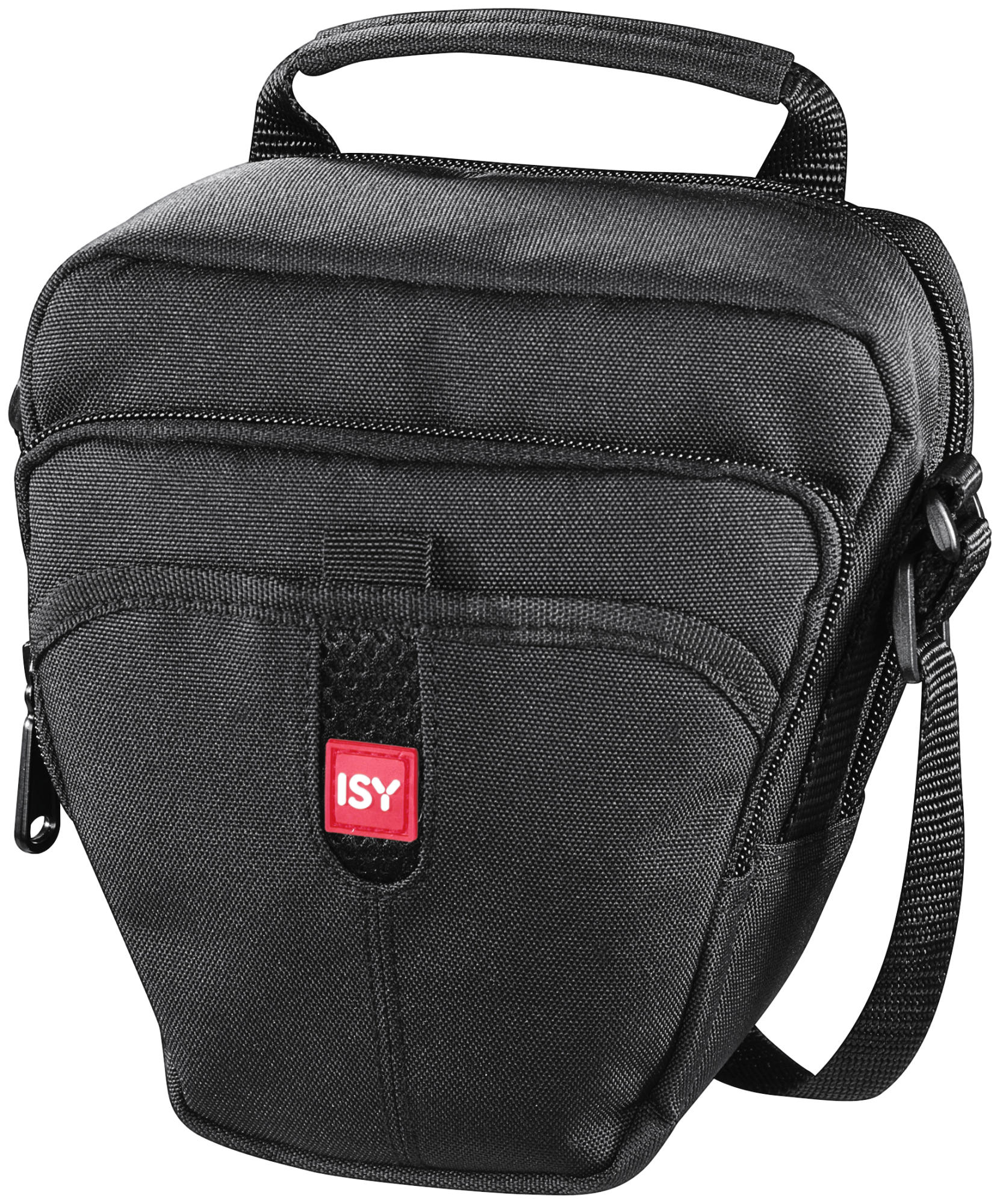 Sac photo noir avec poignée et bandoulière. Il porte un logo ISY rouge.