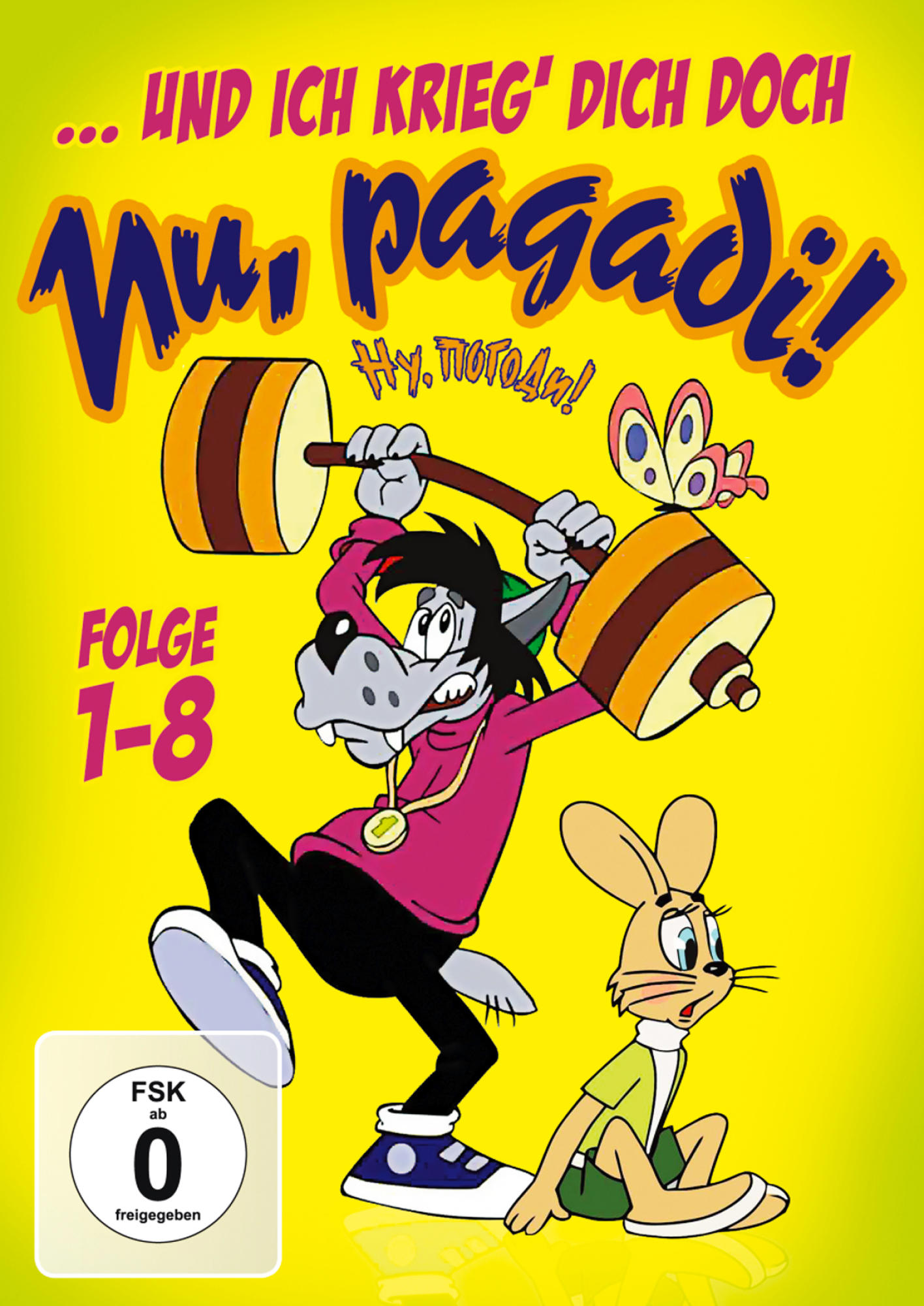 Cartoon-DVD-Cover eines Wolfs, der einen Hasen mit einem Schlägel schlägt, gelber Hintergrund.