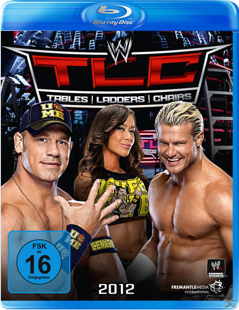 Blu-ray-Cover von WWE TLC 2012. Mit John Cena, AJ Lee und Dolph Ziggler. Der Titel ist rot und der Hintergrund zeigt Leitern.
