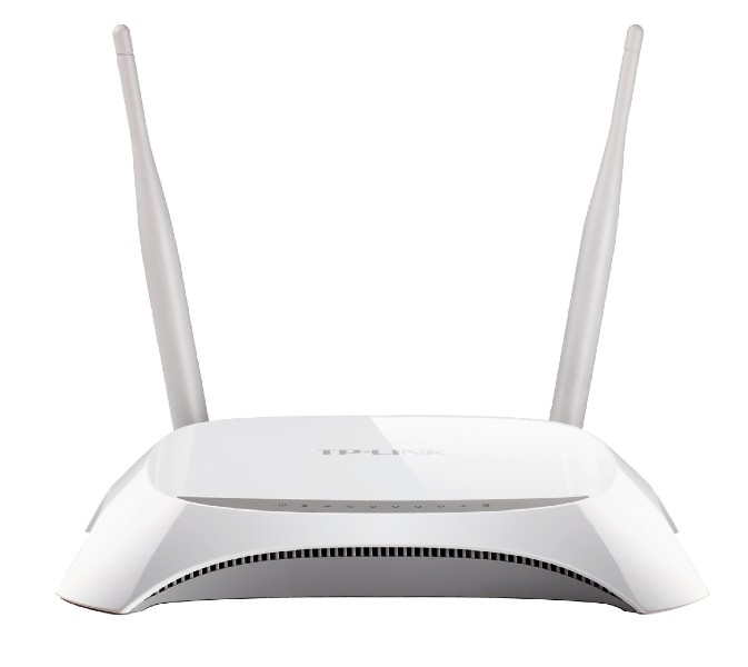 Biały router TP-Link z dwiema antenami. Router ma kilka lampek kontrolnych.