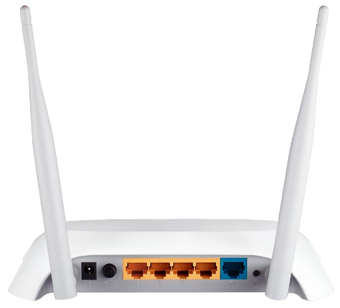 Biały router z dwiema antenami, widocznymi portami i kontrolką zasilania oraz LAN/WAN.