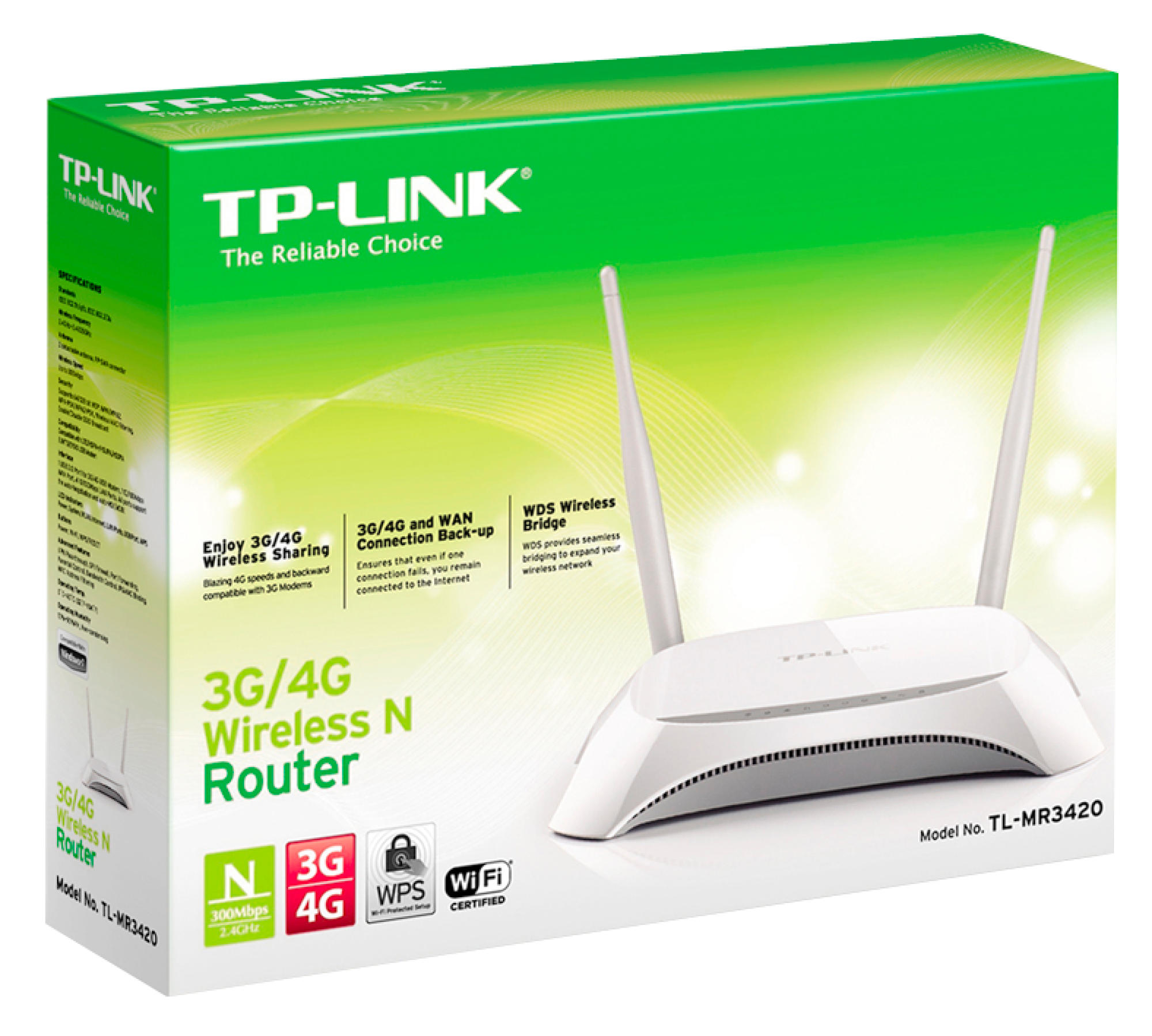 Białe pudełko routera bezprzewodowego N 3G/4G TP-Link. Pudełko jest zielono-białe z tekstem o funkcjach.