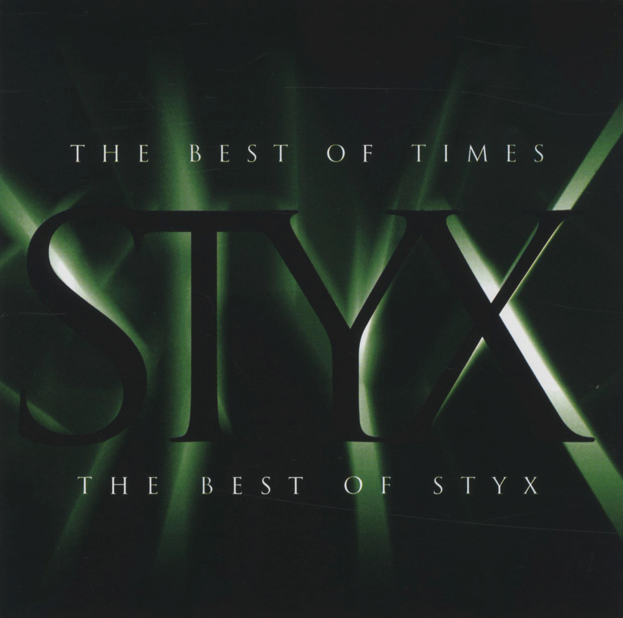 Albumcover. Schwarzer Hintergrund mit grünen Lichtstreifen. Titel: The Best of Styx.