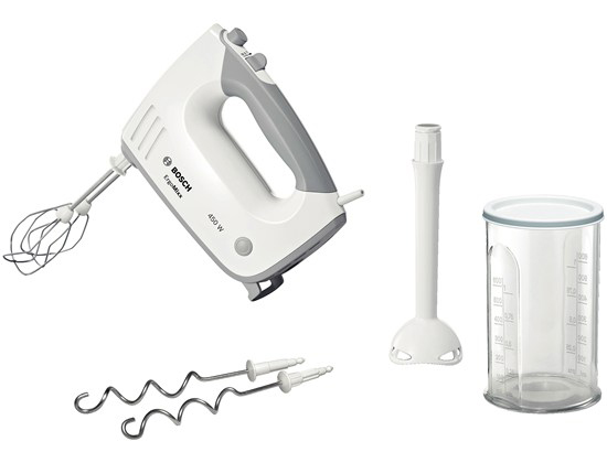 Witte Bosch handmixer met accessoires. Inclusief kloppers en een mengopzetstuk.