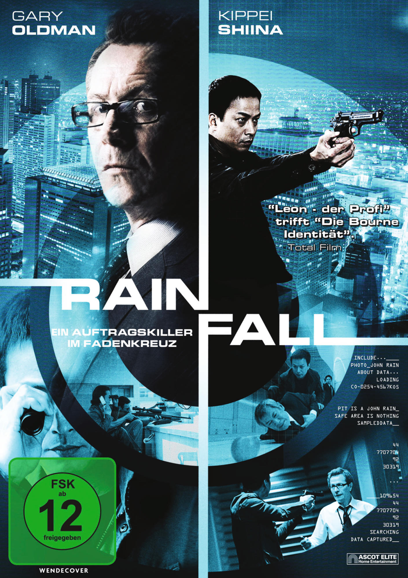 DVD-Cover für 'Rain Fall' mit Gary Oldman und japanischen Schauspielern, in einer Stadt.