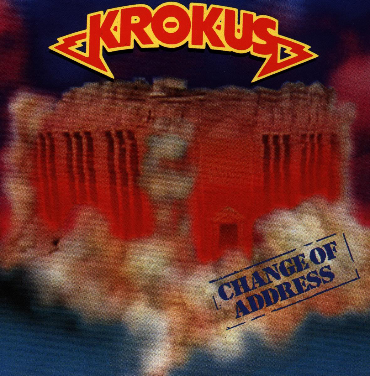 Albumcover: Eine rote Struktur vor einem bewölkten Hintergrund. Der Bandname lautet 'Krokus' und 'Change of Address'.