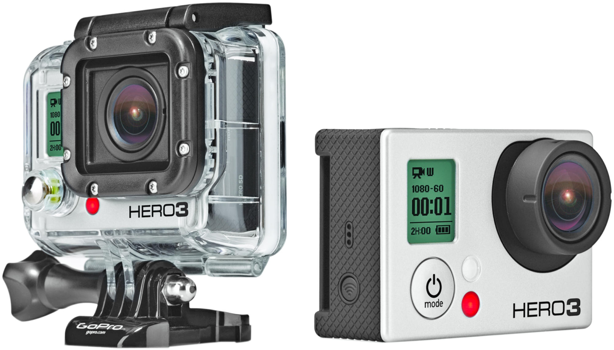 Dos cámaras GoPro Hero3, una en una funda, otra plateada. Ambas tienen lentes y pantallas negras.