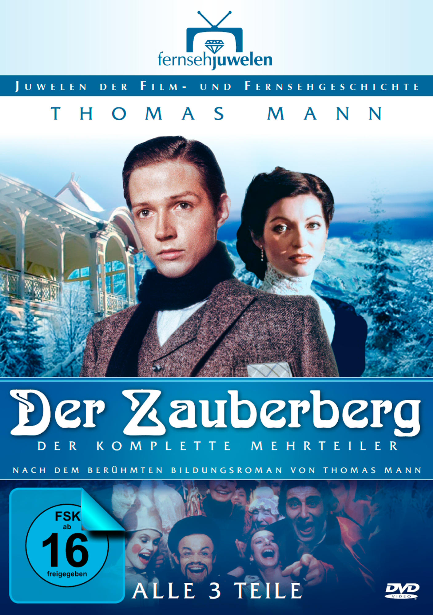 Filmposter mit zwei Personen vor einem Gebäude. Deutscher Text: Der Zauberberg, mit Schauspielern.