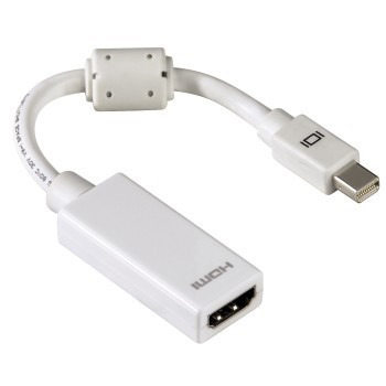 Weißer HDMI-Adapter mit Mini-DisplayPort und HDMI-Anschluss, verbunden mit einem weißen Kabel.