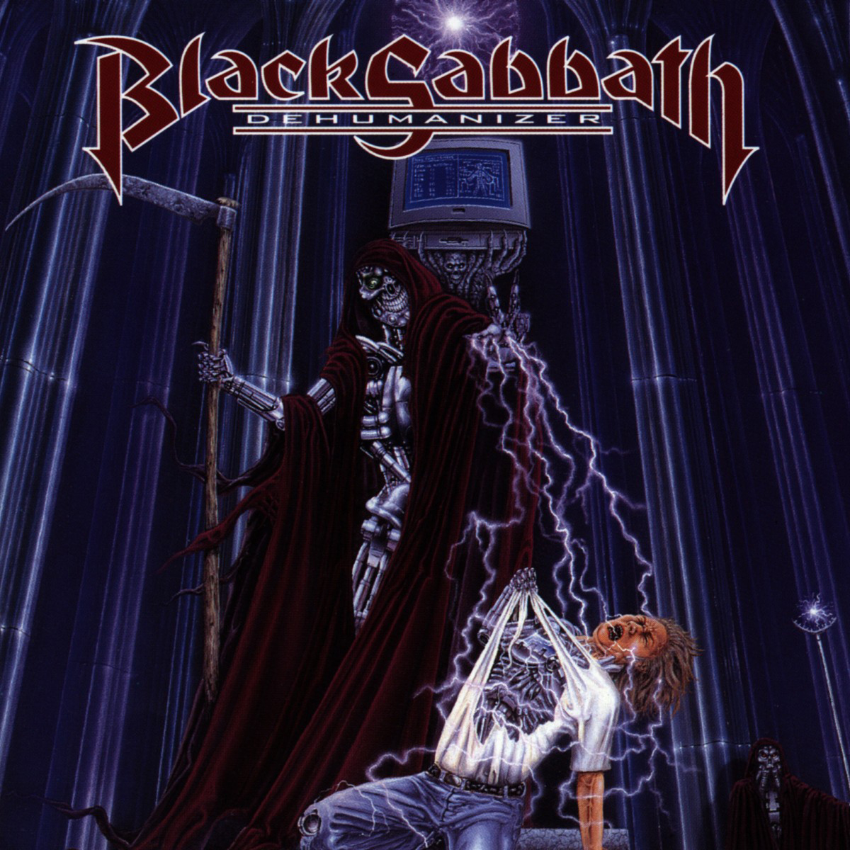 Albumcover: Black Sabbath, Skelettfigur, Blitz, Mann wird gezappt. Titel: Dehumanizer.
